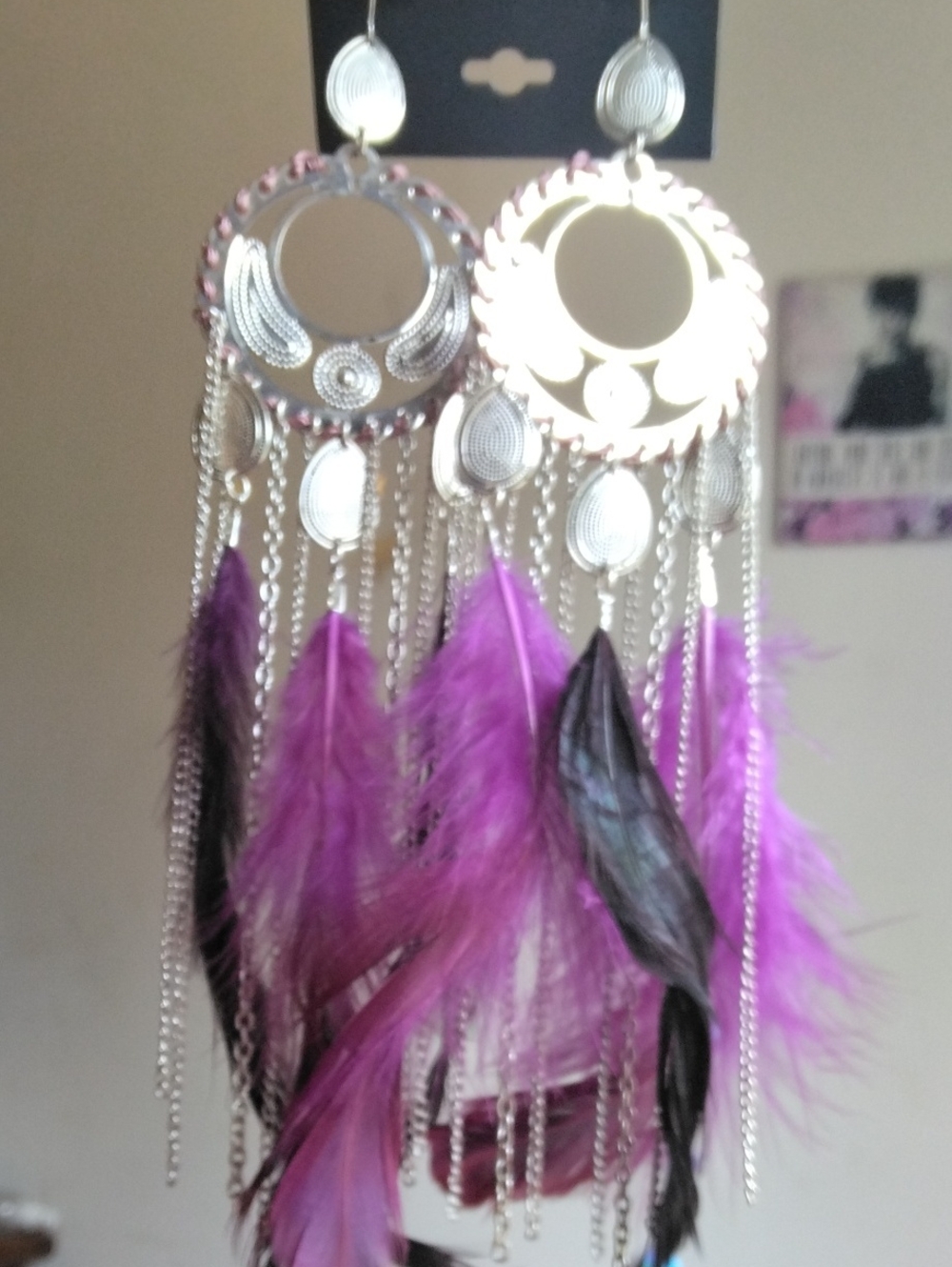 Boho Silver and Purple Feather Drop Earrings - Unbranded